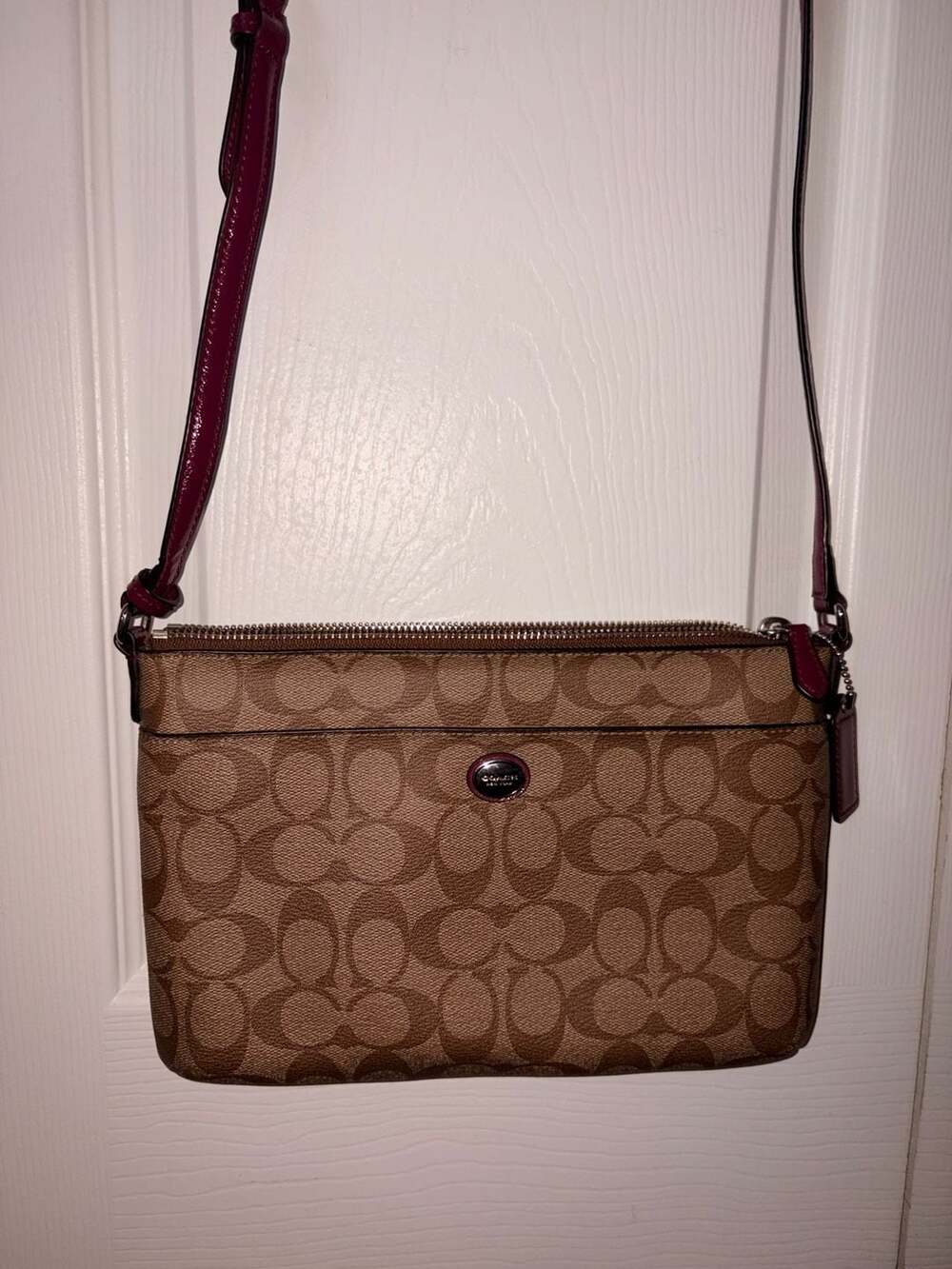 Coach North South Crossbody Bag in Signature Canvas with Pink Trim